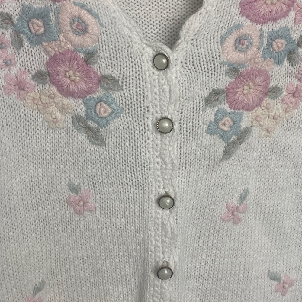 90's‎ Embroidered Floral Knit Cardigan Womens Medium Puff Sleeve Cottagecore - Picture 3 of 8